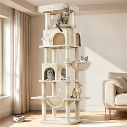 Yaheetech XXL Kratzbaum für Katzen 210 cm mit 9 Kratzsäulen, Hängematte und 2 Höhlen, Beige – Bild 1 von 1