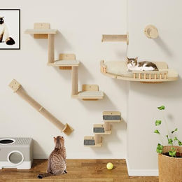 YITAHOME Katzen Kletterwand Set aus Holz mit 7 Teilen inklusive Kratzbäumen und Plattformen in Braun und Beige – Bild 1 von 2