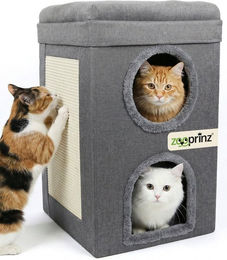 Produktbild von Zooprinz Katzenhaus Katzenhöhle Mona,Kratzfläche, Wendekissen, faltbar, zweistöckig, 39 × 39 × 64 cm, Anti-Rutsch-Boden, Leinenstoff, Grau