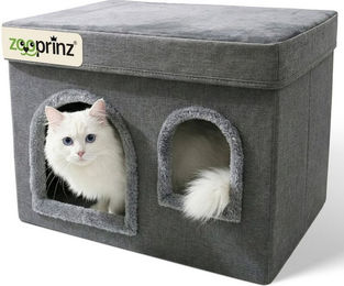 Zooprinz Katzenhaus Katzenhöhle Sammy, Fenster und Wendekissen, faltbar, stabil, 49 × 36,5 × 37 cm, Anti-Rutsch-Boden, Leinenstoff, Grau – Bild 1 von 5