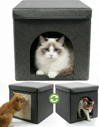 Zooprinz Katzenhaus Katzenhöhle Simba mit Kratzfläche und Wendekissen, faltbar, 36,5 × 36,5 × 36,5 cm, Anti-Rutsch-Boden, Leinenstoff, Grau – Bild 1 von 5