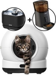 Zedar Smart Pet Care Set mit selbstreinigender Katzentoilette, kabellosem Trinkbrunnen und Futterautomat mit Kamera in Weiß – Bild 1 von 2