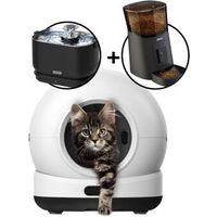 Produktbild von Zedar Smart Pet Care Set mit selbstreinigender Katzentoilette, kabellosem Trinkbrunnen und Futterautomat mit Kamera in Weiß