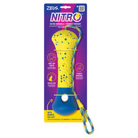 Produktbild von Zeus Hundespielzeug Nitro Boje aus Naturkautschuk und Nylon mit Seil und Gewicht Gelb 26 cm