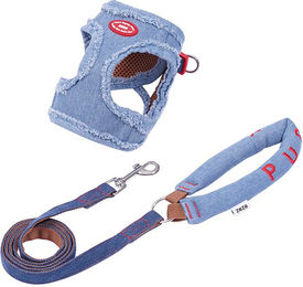 zeze Hund Set aus Denim mit Brustgeschirr und Leine Blau Größe M – Bild 1 von 1