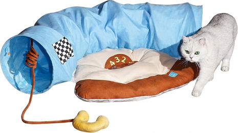 zeze Katzenhöhle Retro-Telefon-Bett mit Tunnel aus Plüsch in Blau – Bild 1 von 1