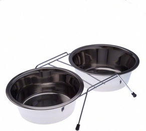 zooplus Exclusive Doppel-Edelstahlnapf mit Ständer Grau Silber 2 x 350 ml Ø 13 cm Erhöhter Futternapf - 2 x 350 ml – Bild 1 von 1
