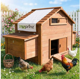 Zooprinz Happyfarm Hühnerstall Hühnervoliere aus Massivholz mit Metall-Kotschublade und Klappdach in Braun – Bild 1 von 4