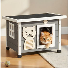Zooprinz Katzenhaus aus Massivholz mit klappbarem Bitumendach und Plüschmaus wetterfest für Indoor und Outdoor – Bild 1 von 5