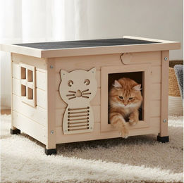 Zooprinz Katzenhaus aus Massivholz mit klappbarem Bitumendach und Plüschmaus wetterfest für Indoor und Outdoor – Bild 1 von 5