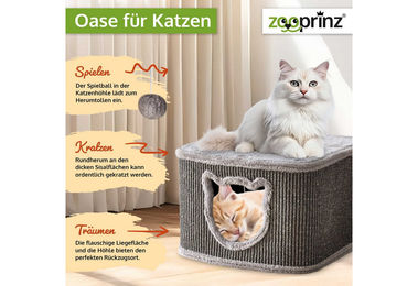 Zooprinz Katzenhaus für erwachsene Katzen aus Sisal und Plüsch mit Spielball in Beige und Grau 40 x 40 x 27 cm – Bild 1 von 2