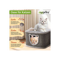 Produktbild von Zooprinz Katzenhaus für erwachsene Katzen aus Sisal und Plüsch mit Spielball in Beige und Grau 40 x 40 x 27 cm