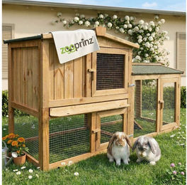 Zooprinz Kleintierstall aus Holz für Kaninchen und Meerschweinchen mit 2 Etagen, wetterfestem Bitumen-Klappdach und Freilaufgehege – Bild 1 von 5