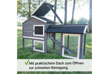 Zooprinz Kleintierstall Dream Grey für Kaninchen und Meerschweinchen aus Kiefernholz mit Auslauf und Metall-Kotschublade 146x86x50 cm – Bild 1 von 11