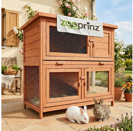 Zooprinz Kleintierstall Mukkel aus lasiertem Massivholz mit Rampe und Klappdach für Kaninchen und Meerschweinchen, 104x94x55 cm, Braun – Bild 1 von 4