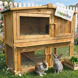 Zooprinz Kleintierstall Obelix aus Holz mit Freilauf auf 2 Etagen und Bitumendach für Kaninchen und Meerschweinchen Braun 106x91x53 cm – Bild 1 von 13