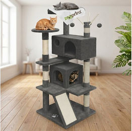 Zooprinz Kratzbaum Kitty XXL für Katzen mit Sisalstämmen und 2 Höhlen in Grau und Schwarz – Bild 1 von 5