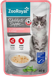 Produktbild von ZooRoyal Delikate Suppe mit Seelachsfilet und Spinat Stückchen in Sauce getreidefrei ohne Zucker 16x40g