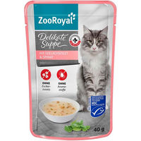 Produktbild von ZooRoyal Delikate Suppe mit Seelachsfilet und Spinat Stückchen in Sauce getreidefrei ohne Zucker 16x40g
