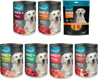 Produktbild von ZooRoyal Hund Nassfutter Rind Probierpaket mit hohem Fleischanteil 6x400g plus 200g Snack - 6 x 400 g