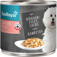 Produktbild von ZooRoyal Hundefutter Hühnerfilet mit Lachs und Karotten Stückchen in Sauce getreidefrei ohne Zucker 6x140g
