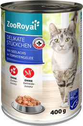Produktbild von ZooRoyal Katzenfutter Seelachs Stückchen in Gelee getreidefrei und ohne Zucker 12x400g