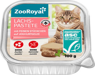 Produktbild von ZooRoyal Katzenpastete Lachs mit Forelle für Adult, ohne Farb- und Aromastoffe und ohne Zucker, 16x100g - 16 x 100 g