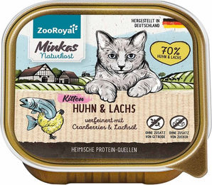 ZooRoyal Minkas Naturkost Kitten Huhn und Lachs ohne Zucker 16x100g – Bild 1 von 3