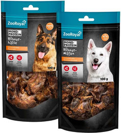 Produktbild von ZooRoyal Naturkauartikel Hühnerhälse und Hühnermägen Mixpaket für Hunde getreidefrei und ohne Zucker 10x100g