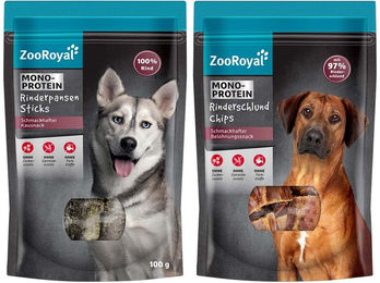Produktbild von ZooRoyal Naturkauartikel Mixpaket Rinderpansen Sticks und Rinderschlund Chips für Hunde getreidefrei und ohne Zucker 8x100g